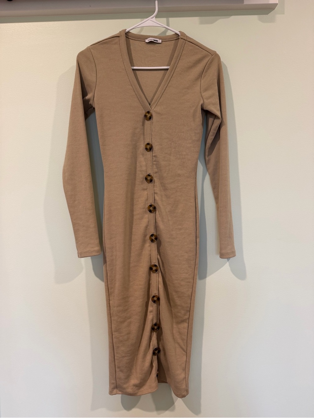 Fashion Nova Tan Button-Front V-Neck Long Sleeve Dress